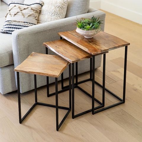 Live-Edge Reclaimed Wood Nesting Tables, Set Of 3 pertaining to Black Iron And Stained Wood Nesting Table Set With Bear Scene